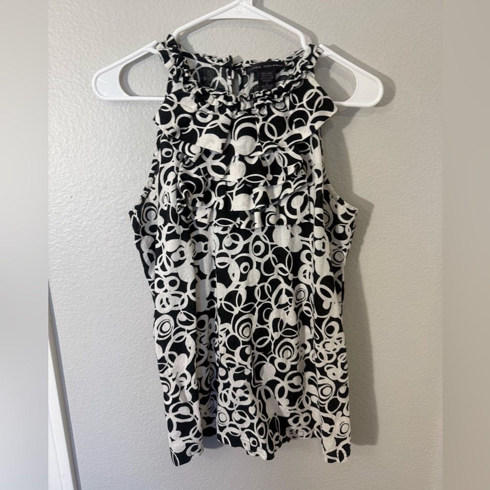 Elena Solano Linen Black and White Patterned‎ Sleeveless Top